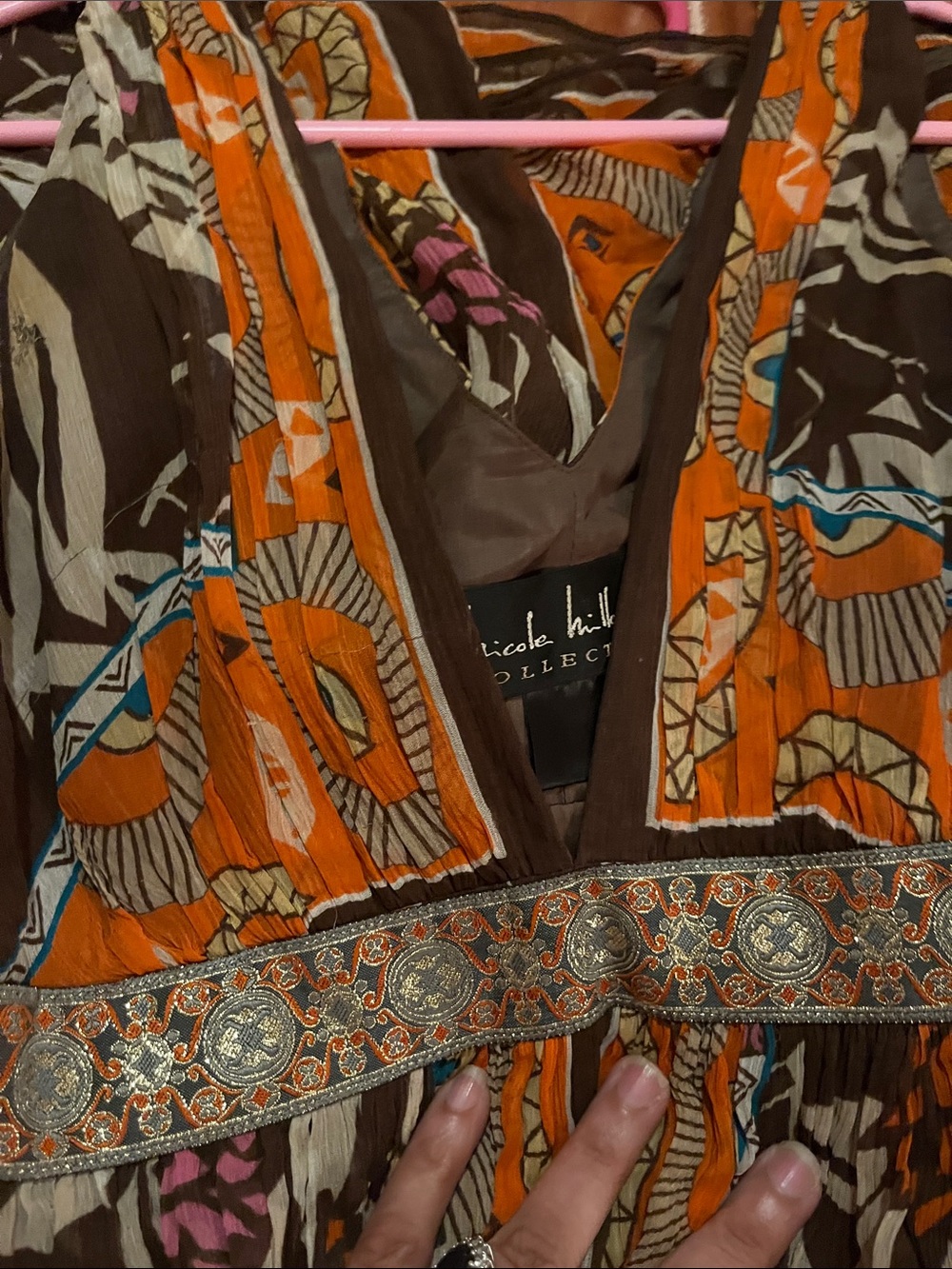 Nicole Miller Brown and Orange V-Neck Sleeveless Boho Dress - Picture 2 of 3